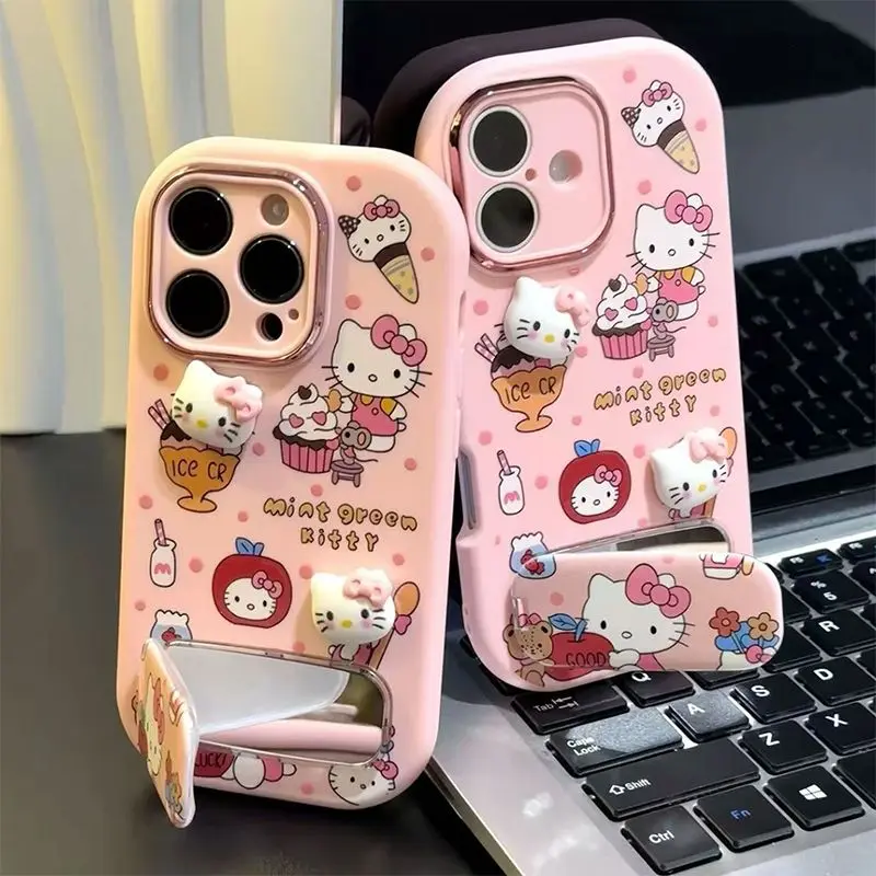 

Cute Hello Kitty Stand Phone Case for iPhone 17/16/15 Pro Max, 3D Ice Cream Pattern with Kickstand, Shockproof Protective Cover