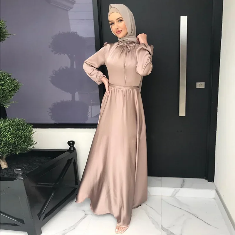 Cetim abaya longo vestido muçulmano elegante grande balanço com cinto hijab robe islam dubai turquia modesto abayas vestidos africanos para mulher