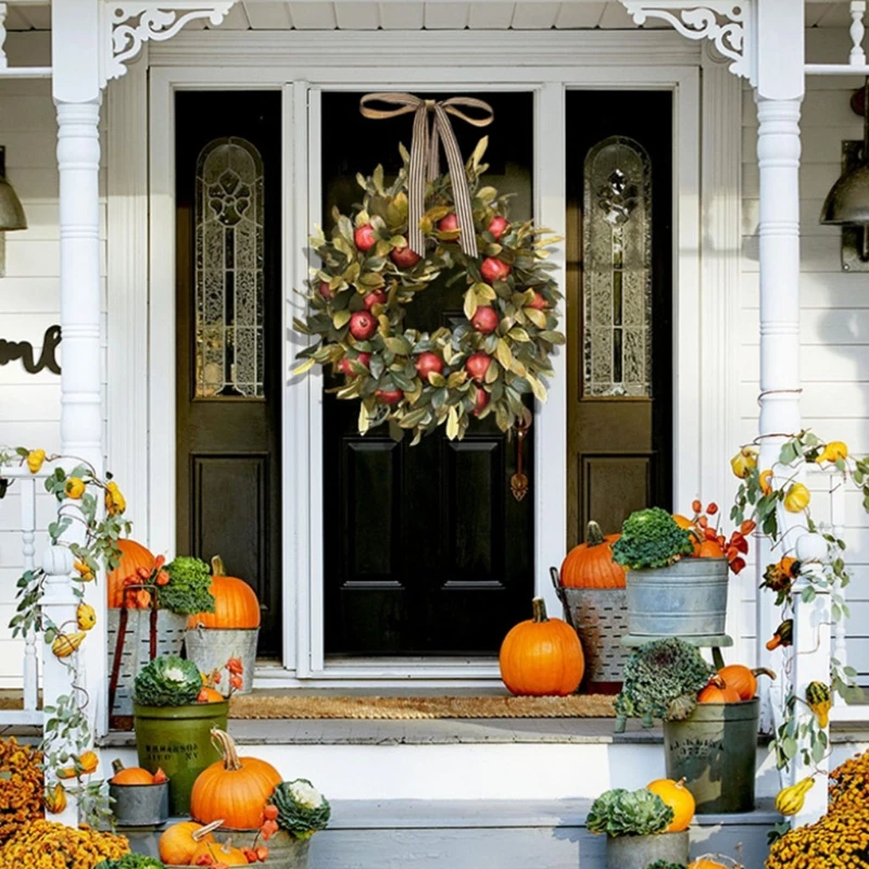 DONG Autumn Fall Front Door Wreath Artificial Pomegranate Fruit Ribbon Bow Realistic