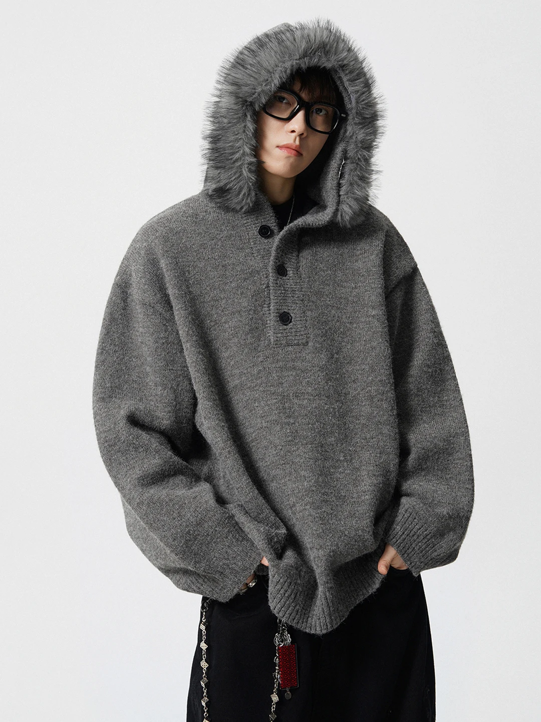 

Detachable Fur Collar Men's Knitted Sweater Thiened Casual Hoodie American Sle Winter Outerwear Easy Care Soft Polyester