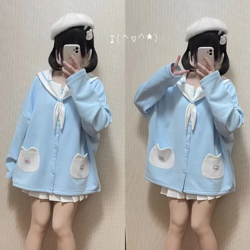 Sudaderas con capucha de cuello marinero de orejas largas de conejo Kawaii para mujer, sudaderas lindas de estilo Lolita japonés, jerséis sueltos de