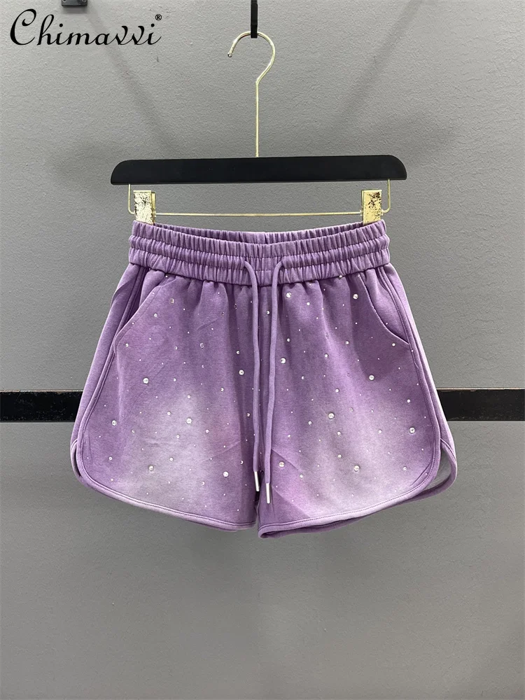 

Fashion Rhinestone Casual Sports Shorts for Women Summer New Elastic Waist Loose Slimming Hot Girl A- Line Wide-Leg Hot Pants