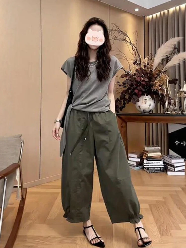 

Gray Simple Style Korean Grey Top Wide Leg Pants Women's Set Summer New Arrival Fashionable High Waist Belt Design T-Shirt