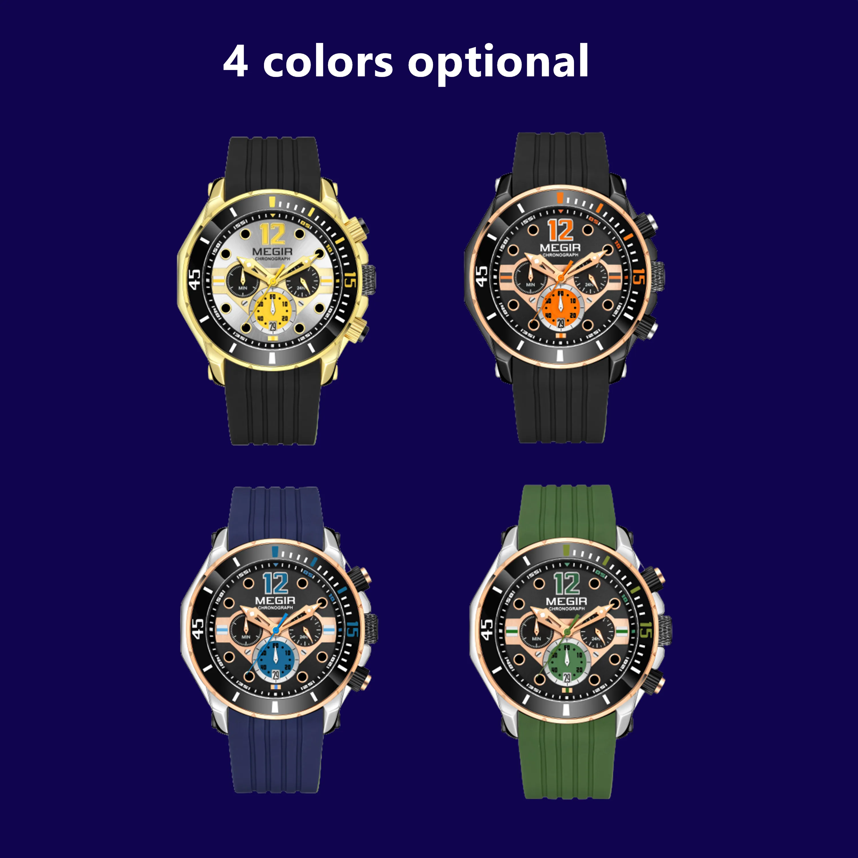 MEGIR 2206 Silicone Strap Men's Sport Watches Chronograph Waterproof Calendar Quartz Wristwatch Male Clock Relogio Masculino