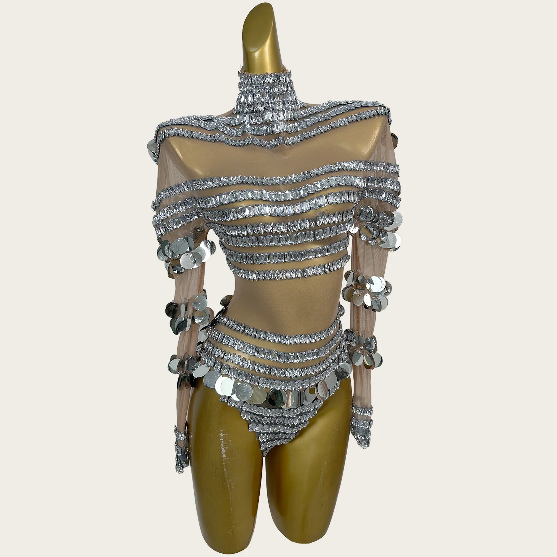 Silver Rhinestone 2 Piece Mesh Stage Outfit Long Mesh Sleeves Hanging Large Silver Circular Sequin Fringe Dance Costume Jiamian
