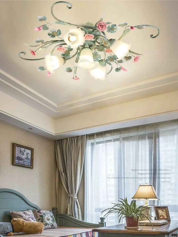 Countryside Korean style rose decoration, living room handmade iron flower and grass lights, bedroom ceiling lights