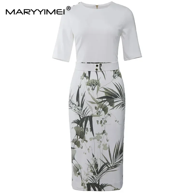 

MARYYIMEI Designer Summer Elegant Dress Women's Half Sleeve Hand Painted Print Office Lady Fashion White Slim Dresses XXL