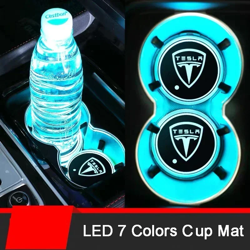 

2pcs LED Car Cup Holder Bottom Pad Hub Cover Auto Atmosphere Lamp Welcome Light for Tesla Model X 3 S Y Roadster Cybertuck