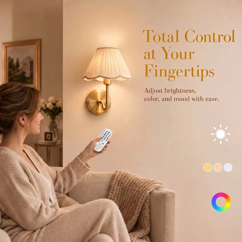 Battery Operated Wall Sconces RGB And 3-Color Temperature Rechargeable Wall Lights with Remote Control 2000mAh 12-hour Battery Life Cordless Golden Wall Lamps with Cream White Pleated Fabric Shade for Bedroom Living Room