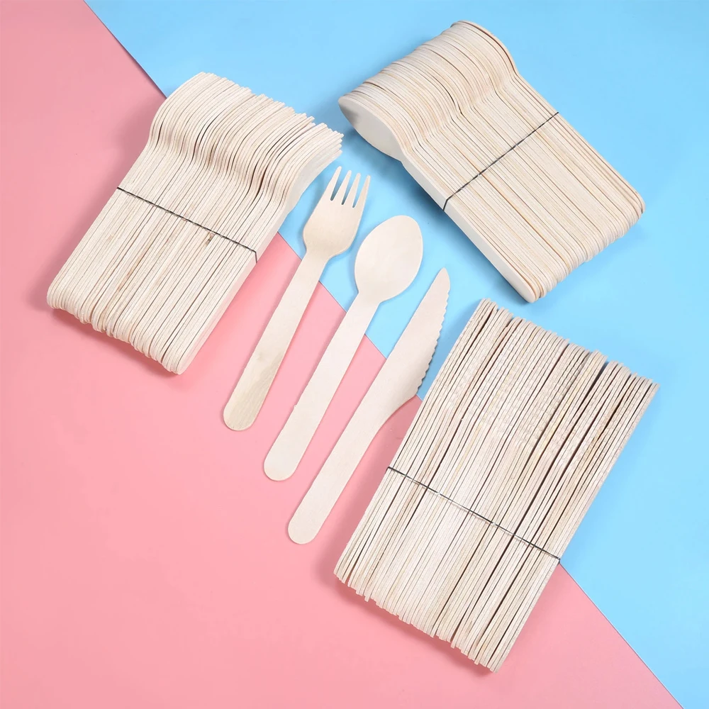 10/150/500Pcs Disposable Wooden Cutlery Forks/Spoons/Cutters Knife Party Supplies Kitchen Utensil Dessert Tableware Packing 16cm