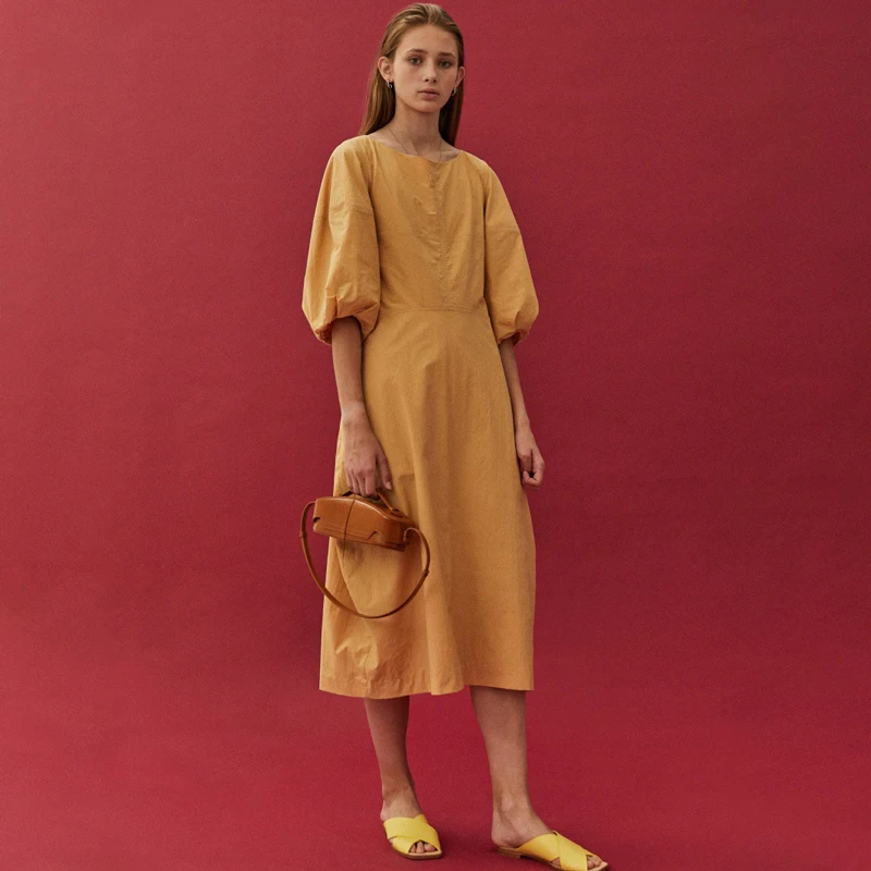 

Элегантное корейское длинное платье А-силуэта с рукавами-фонариками и дизайном, подчеркивающим талию, из осенней коллекции, для повседневной носки.