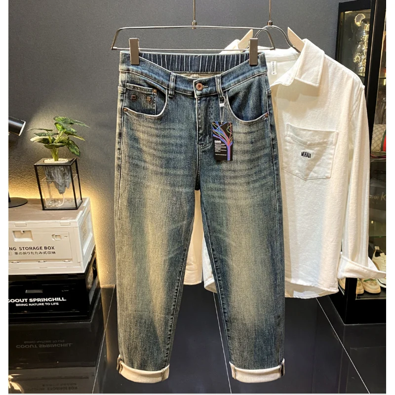 

Мужские джинсы с эластичной резинкой на талии, тренд осени, новинка, уличная мода, корейская версия, свободные повседневные длинные брюки с прямыми штанинами