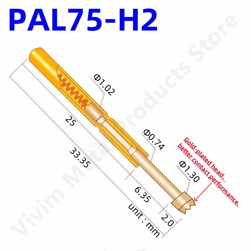 100PCS PAL75-H2 Spring Test Probe PAL75-H Test Pin Test Tool 33.35mm Dia1.02mm Gold Needle Tip Dia 1.3mm Pogo Pin PL75-H PL75-H2