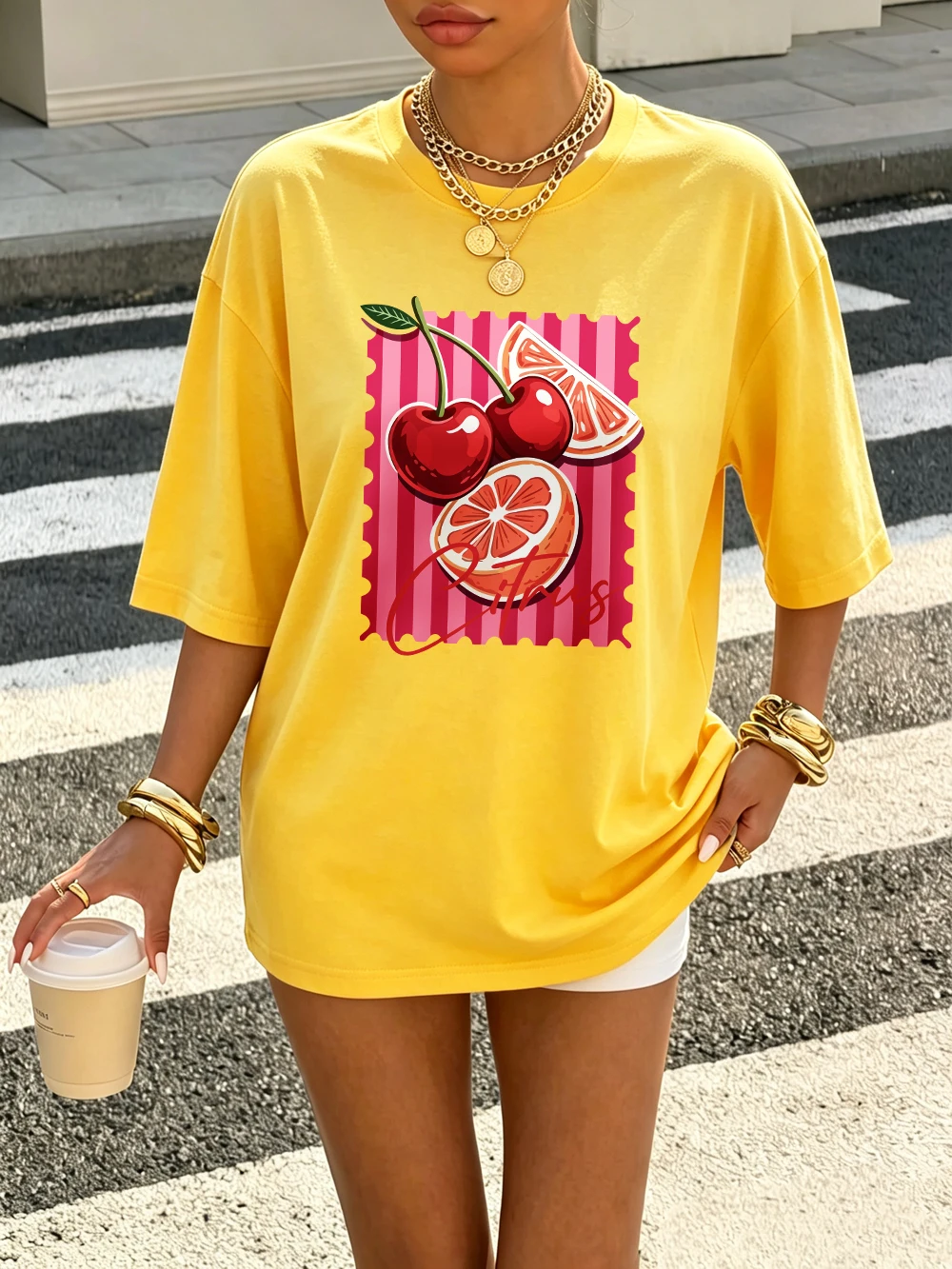 Rote Kirsch-Zitrus-Bedruckte T-Shirts aus Baumwolle für Damen, Sommerliche Oversize-Oberteile, Basic O-Neck Kurzarm-T-Shirts, Lässige Weiche Kleidung – Detail 20