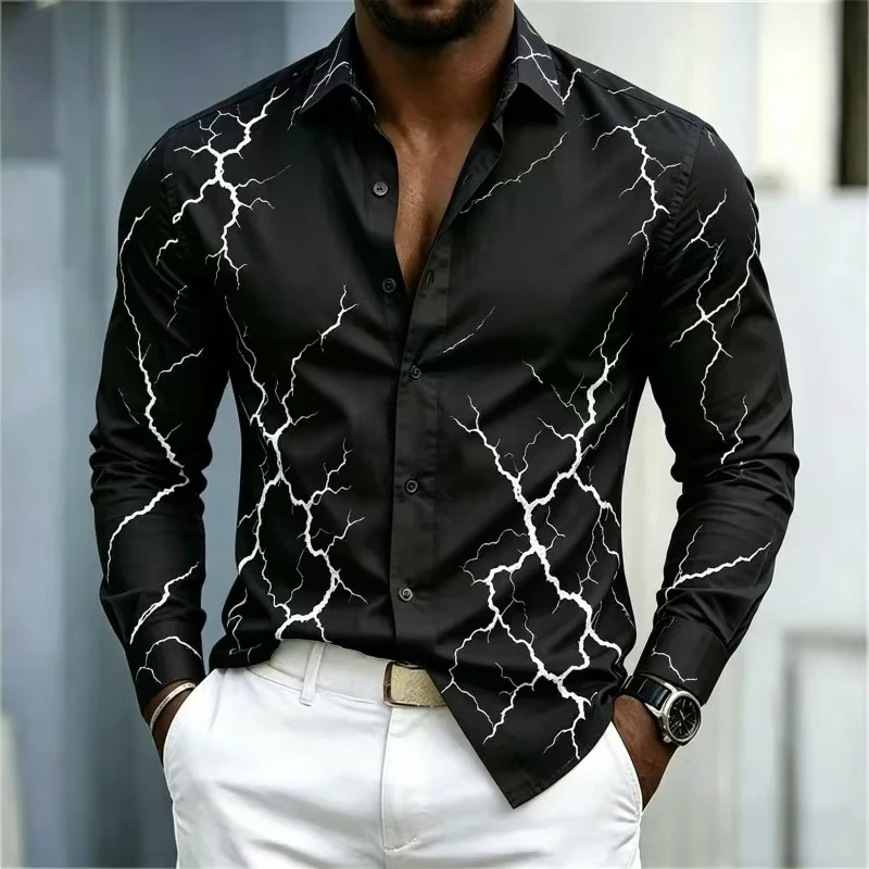 2026 new men's long sleeved shirt, modern with lightning print, solid color, lightweight, long sleeved,personalized, urban style