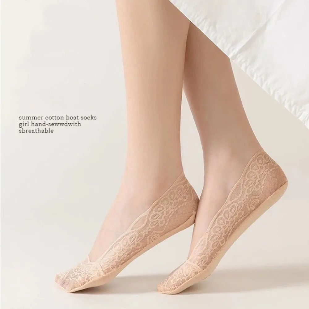 5 Pairs Lace Women's Socks Breathable Low Cut Summer Socks Cotton Bottom Silicone Non-Slip Invisible Boat Socks Summer