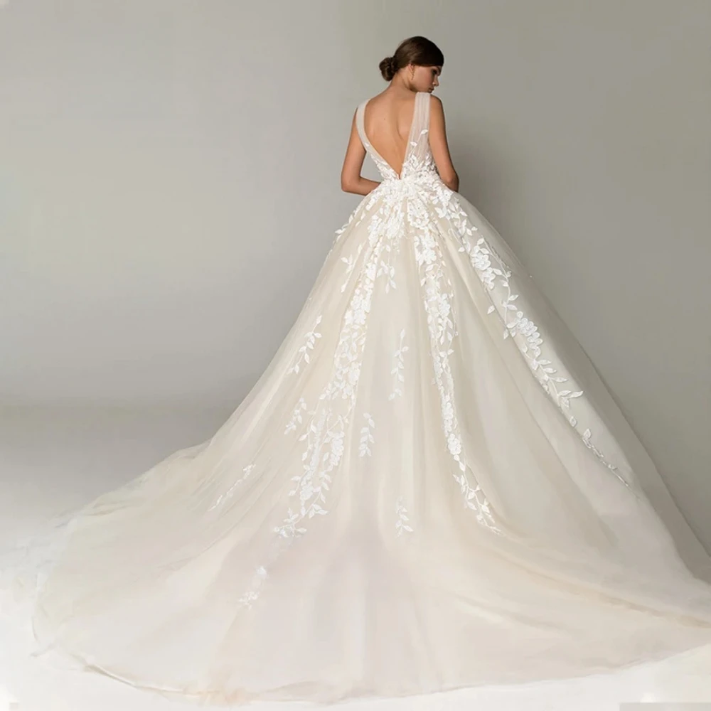 Sexy profundo decote em v vestido de casamento clássico renda applique sem costas vestido de noiva personalizado princesa noiva casamento roupas femininas