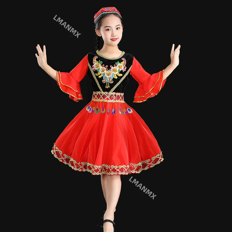 ملابس الأقليات العرقية للأطفال، التنانير القصيرة للفتيات، أزياء أداء الرقص الأويغوري