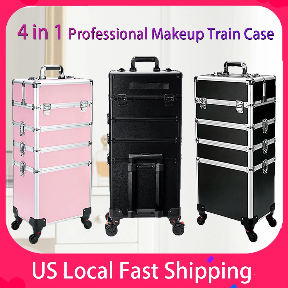 Makeup Trolley Case Detachable 4 in 1 Professional Makeup Train Case Large Capacity Aluminum Rolling Cosmetic Case On Wheels