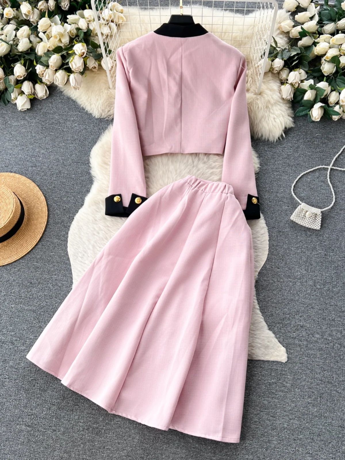 

Ele round Ne Metal Buttoned Suit Jaet And High Waist Skirt Two Piece Set for Women Faionable Slimming Look