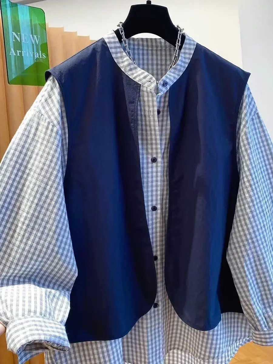 Trendy Oversized Plaid Shirt Layering Vest Splicing Fake Two-Piece Top Women's Casual Cotton Linen Shirt Autumn Fashion