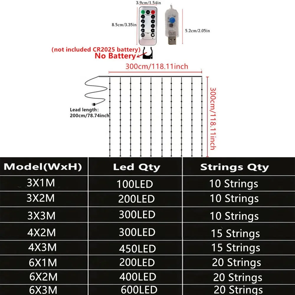 Guirnalda de luces LED para decoración navideña, luces de cortina USB de 8 modos, 3M, 4M, 6M, para fiesta, dormitorio, boda y vacaciones