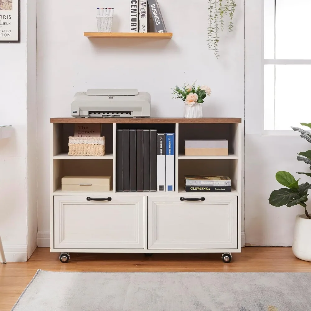 

Деревянный шкаф для документов в фермерском доме 39,3 с колесиками, небольшое хранилище для домашнего офиса, вращающийся шкаф для документов с 2 ящиками для Legal/Letter/A4