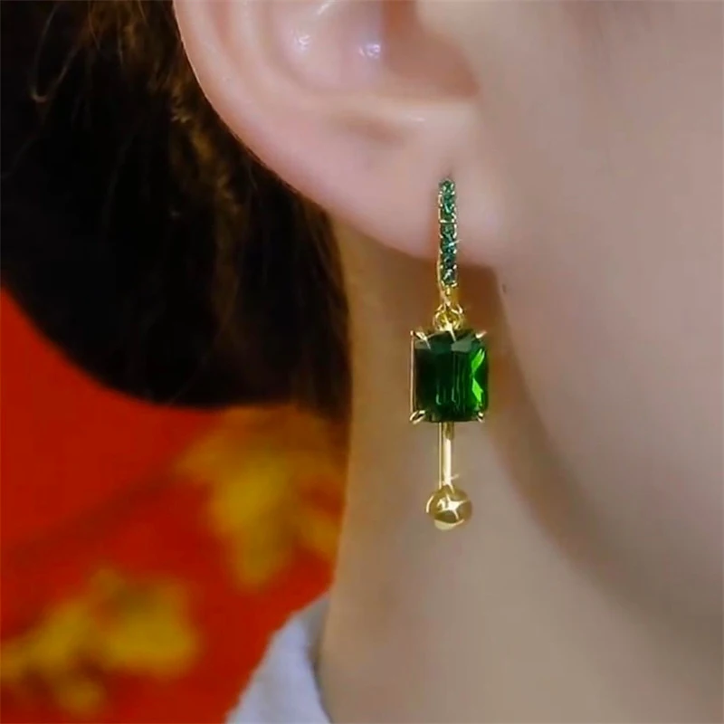 Cristal verde quadrado pingente borla redonda grânulo strass brincos para mulheres nova moda elegante temperamento meninas festa jóias
