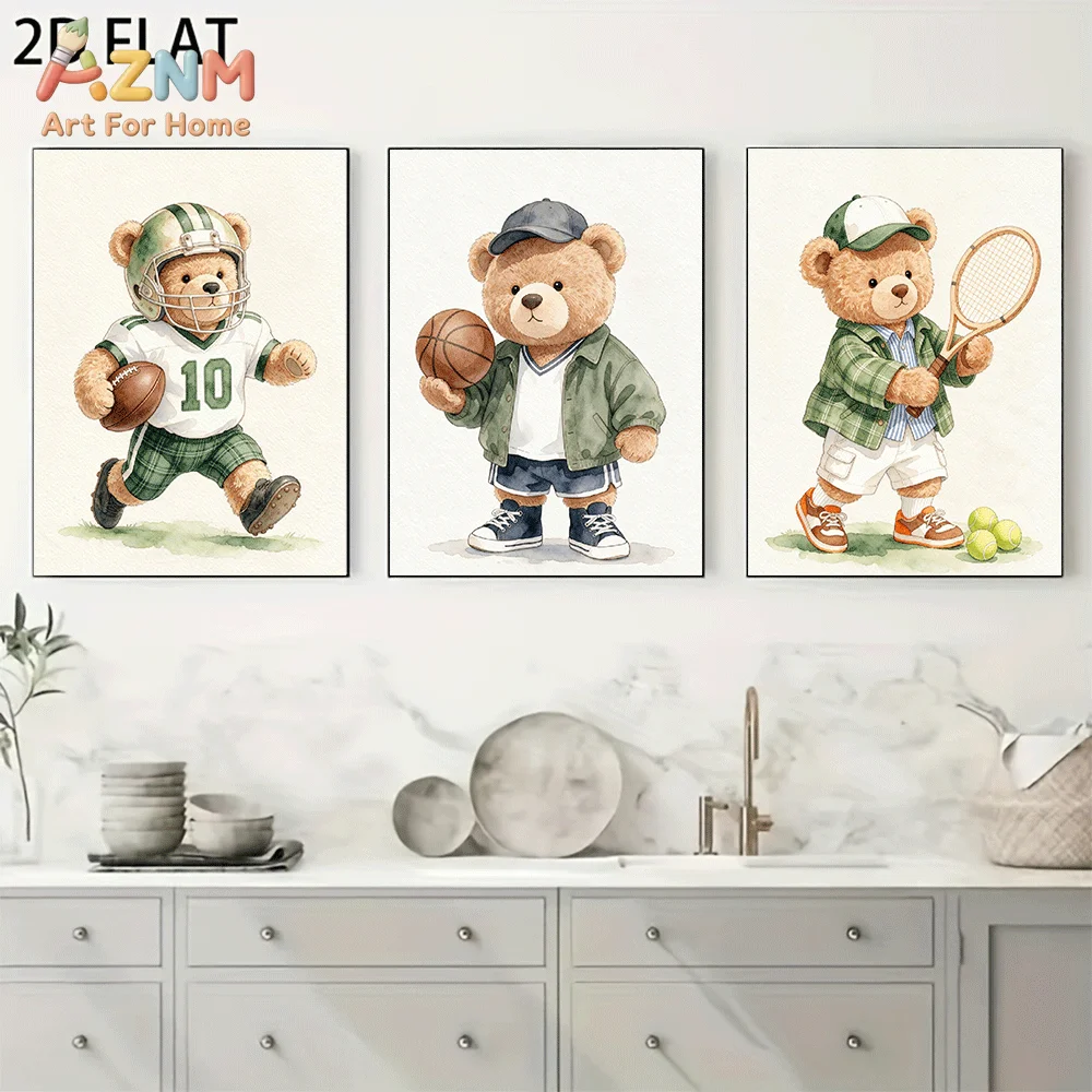 AZNM Frameless Canvas Wall Art, Watercolor Sport Teddy Bear Football Basketball Tennis Print, Cute Animal Sports Themed Wall Dec