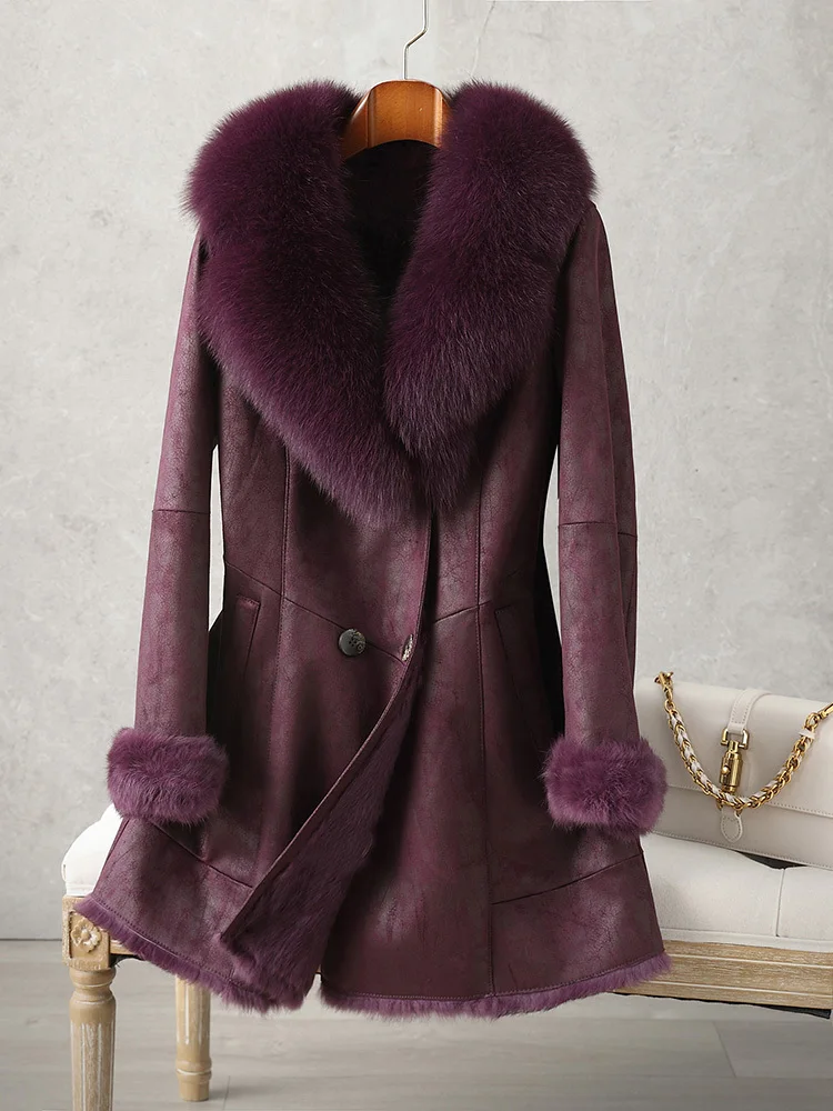 2024 New Haining Fur Genuine Leather Rabbit Fur Integrated Women's Clothing Medium to Long Fur Collar Fur Coat Special Offer