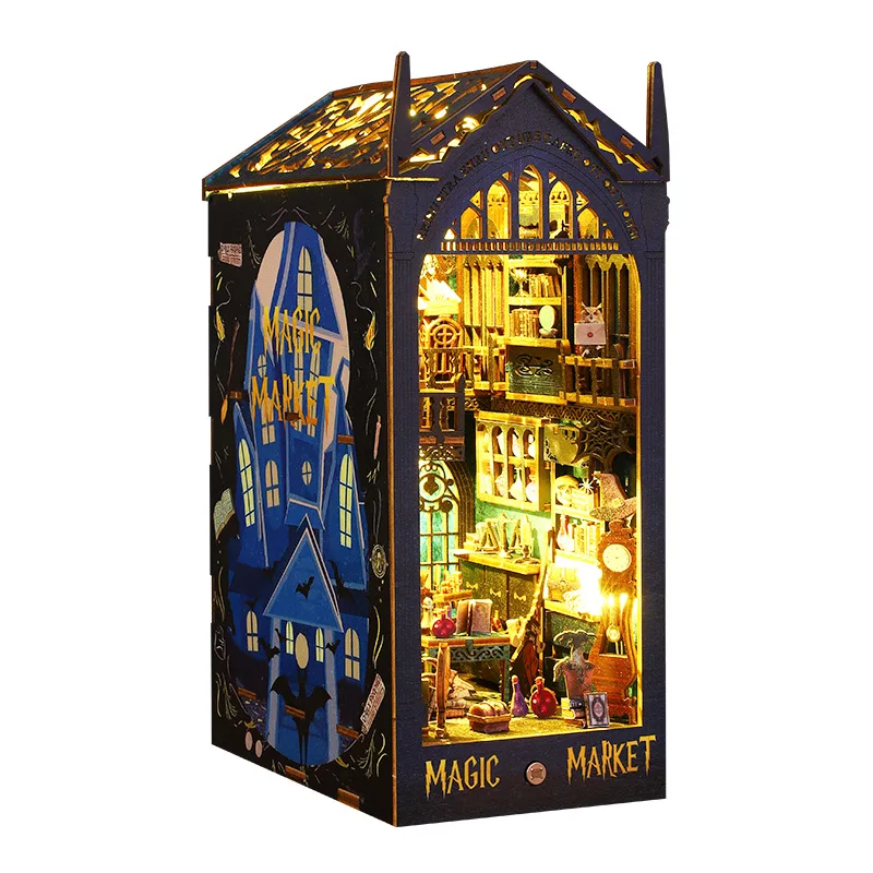 DIY ไม้ Magic Market Book Nook Miniature Kit Bookend ประกอบ 3D ปริศนาชั้นวางหนังสือตกแต่งบ้านของขวัญวันเกิดเพื่อน