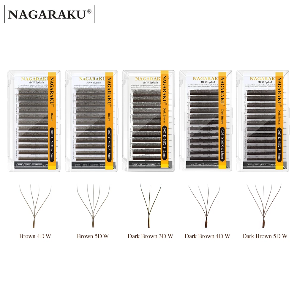 NAGARAKU Brown Dark Brown 3D/4D/5D W Shape Hand Waved Premade Fans Eyelash Extensions Full Lashes Natural Soft Light Matte Dense