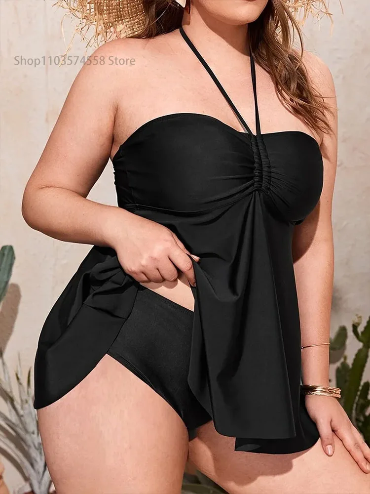 Tankini wanita dua potong, baju renang besar, hitam, 4XL