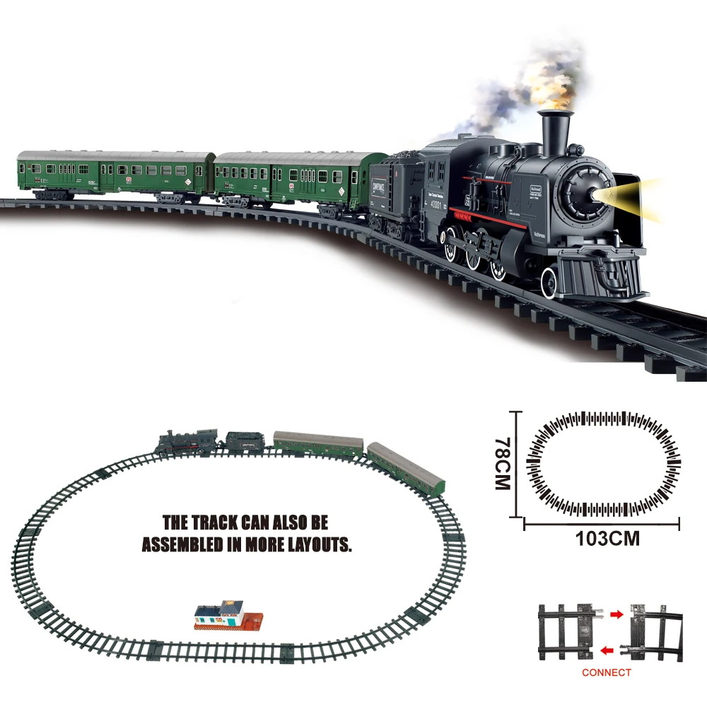 Electric Railway King Classical Passenger Train Simulation Water Steam Locomotive Playset Battery Operated Train Toy Smoke Sound