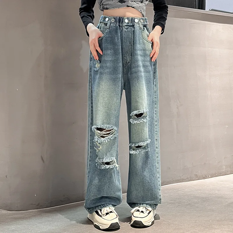 2024 Spring Autumn Kids Teen Denim Trousers Vintage Ripped Jeans for Girls Fashion High Waist Broken Hole Wide Leg Pants5-14Yrs