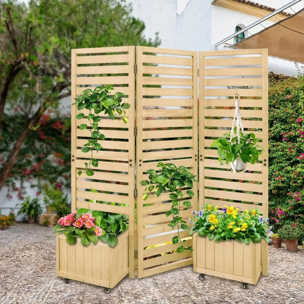 

Freestanding Panel with Planter Boxes and 2 Raised Garden Beds,61.3''L x 19.7''W x 66.5''H，3 Hinged Panels for Patio, Backyard