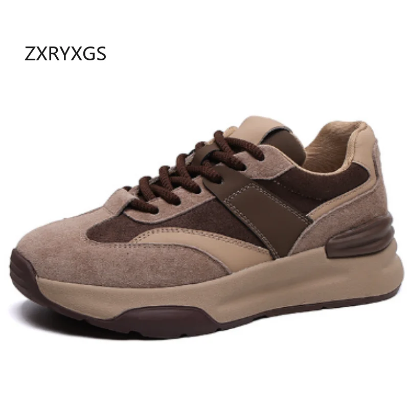 ZXRYXGS 2026 Color Blocking Splicing Frosted Real Leather Sneakers Flat Thick Sole Non-slip Women Shoes Fashion Casual Sneakers