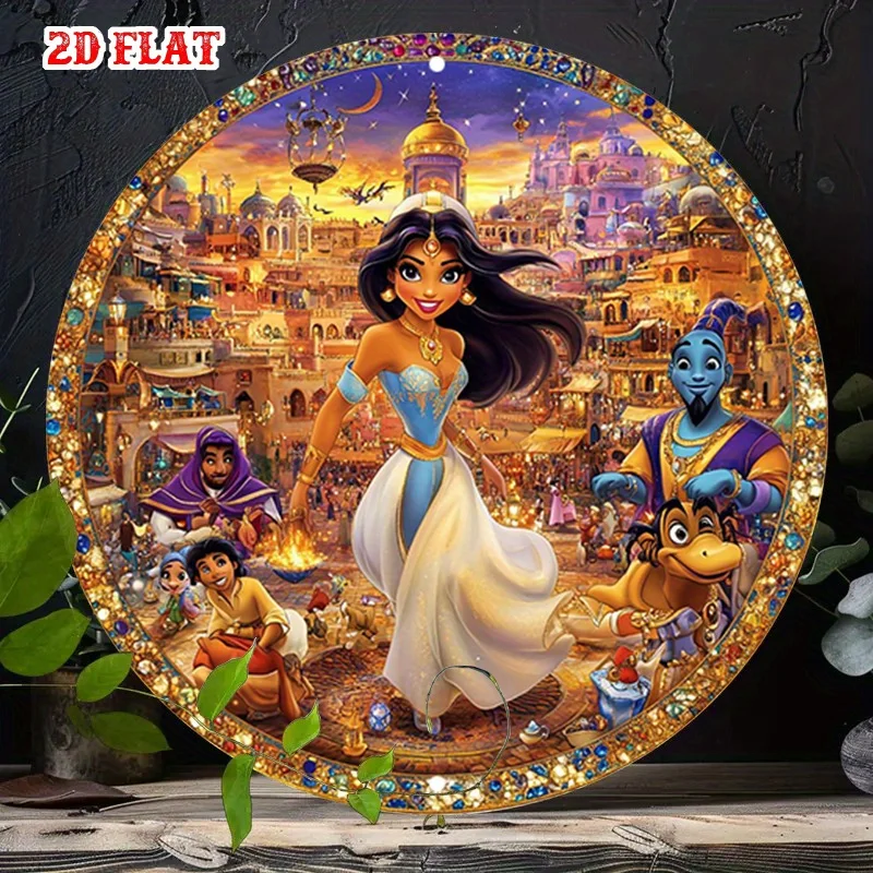 Letrero redondo de metal de princesa Jasmine y Aladino de Disney, 19,99x19,99 cm, arte de pared de aluminio rústico con escena del desierto de Agrabah, 1 ud.