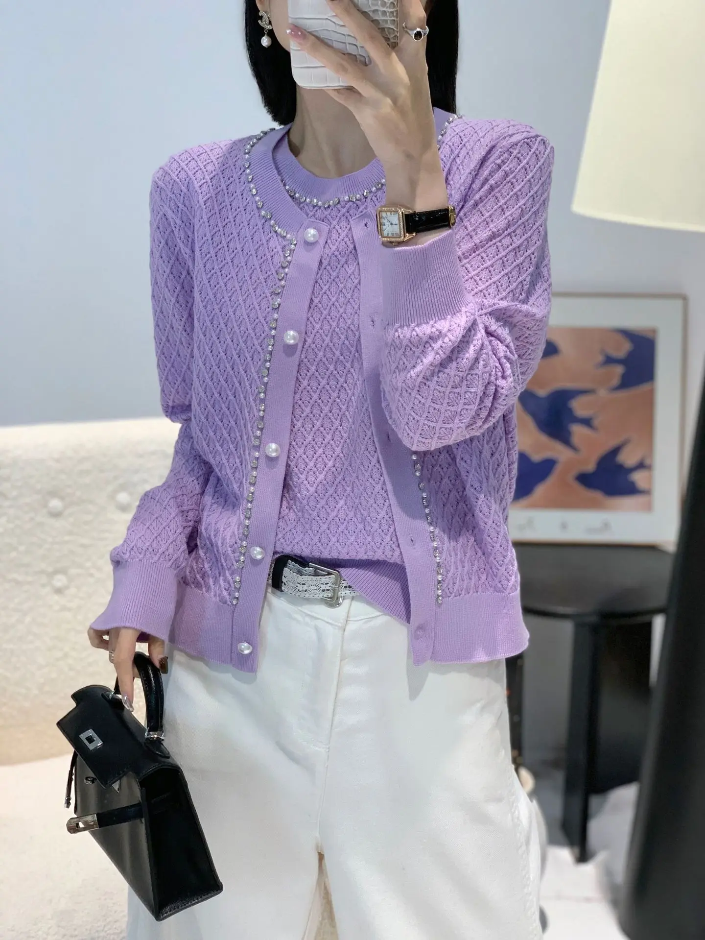 

High-End Knitted Cardigan And Vest Set round Neck Diamond Pattern European Style Autumn Winter Fashion Women's Two-Piece Outfit