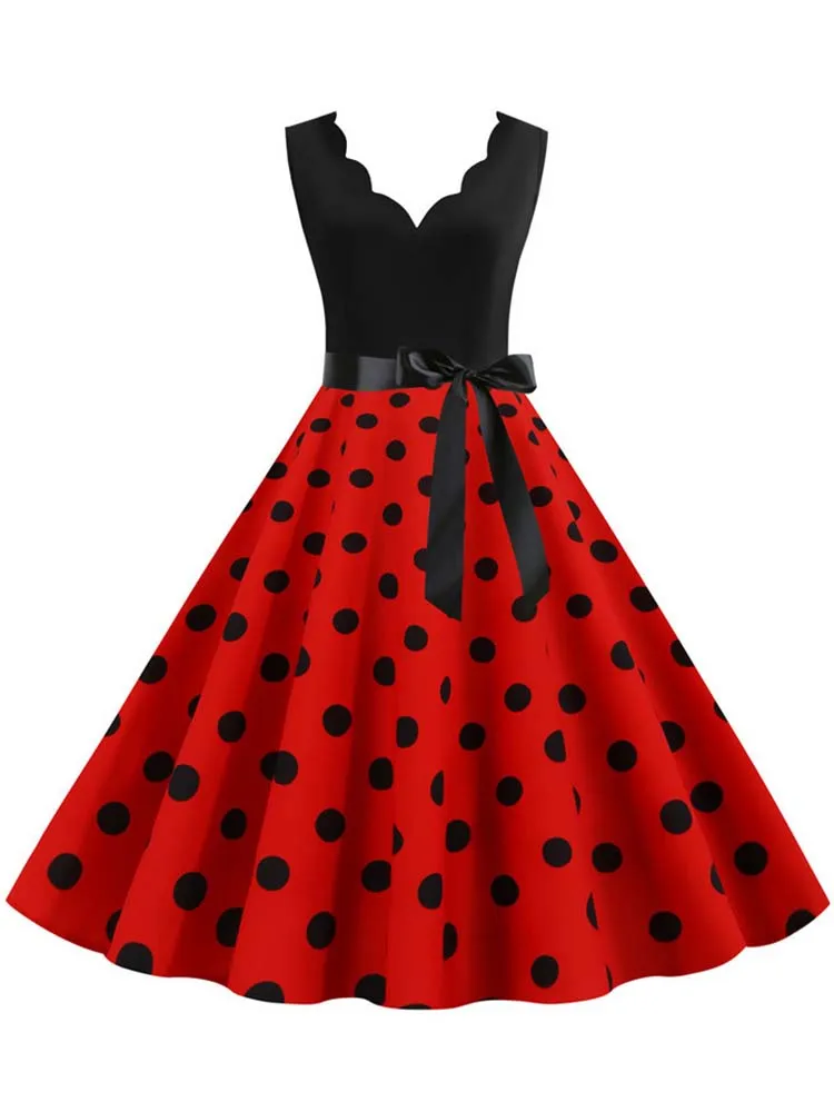 Preto dot vestido de verão feminino pinup elegante vestido de festa do vintage casual escritório tanque sleevelss a linha vestidos