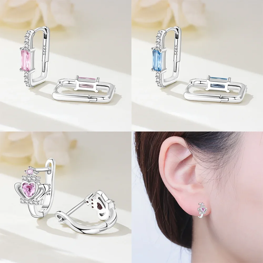 

Women's Earrings 925 Sterling Butterfly Blue Zircon Rectangular Pink Crown Flower for Silver Hoops 925 Women Fine Jewelry Gifts