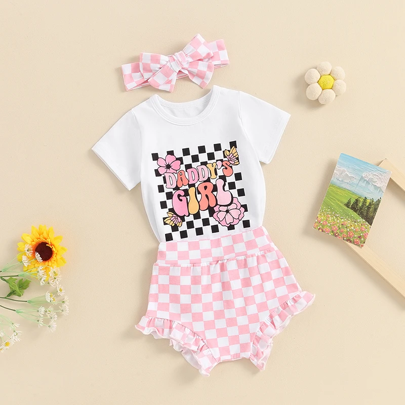 

Newborn Baby Girl Summer Outfits Daddy s Girl Romper Checkerboard Shorts Headband 3Pcs Infant Father s Day Outfits