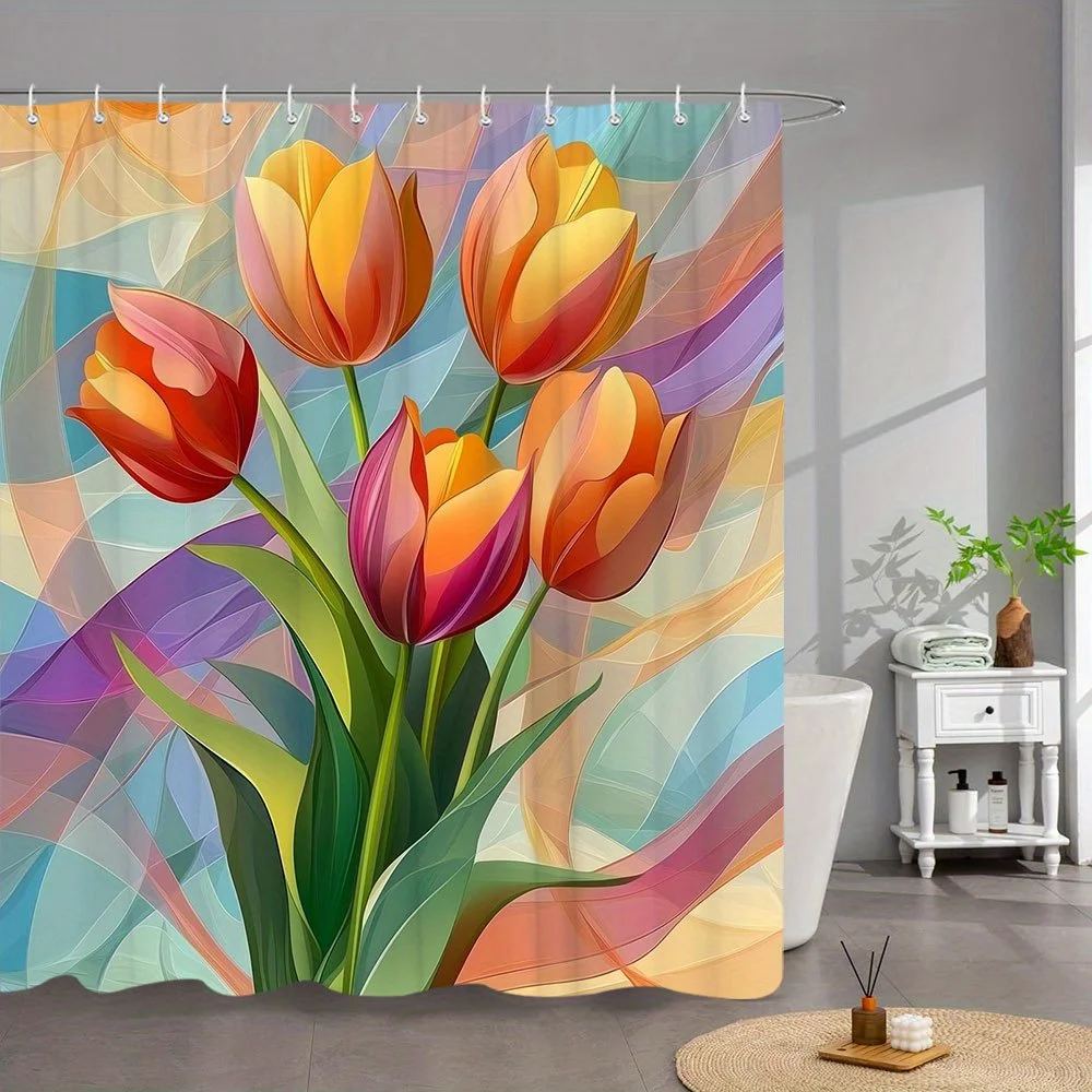 

1 шт. абстрактная занавеска для душа с тюльпанами — современный цветочный и геометрический узор с оранжево-красными цветениями и пастельными акцентами,