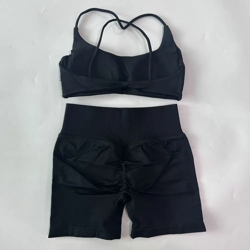 2-teiliges Set Damen-Outfit, nahtloser Yoga-BH mit Riemchen und Twist-Rücken, Scrunch-Shorts, Sportanzug, Fitness- und Gym-Kleidung, Yoga-Set – Detail 17
