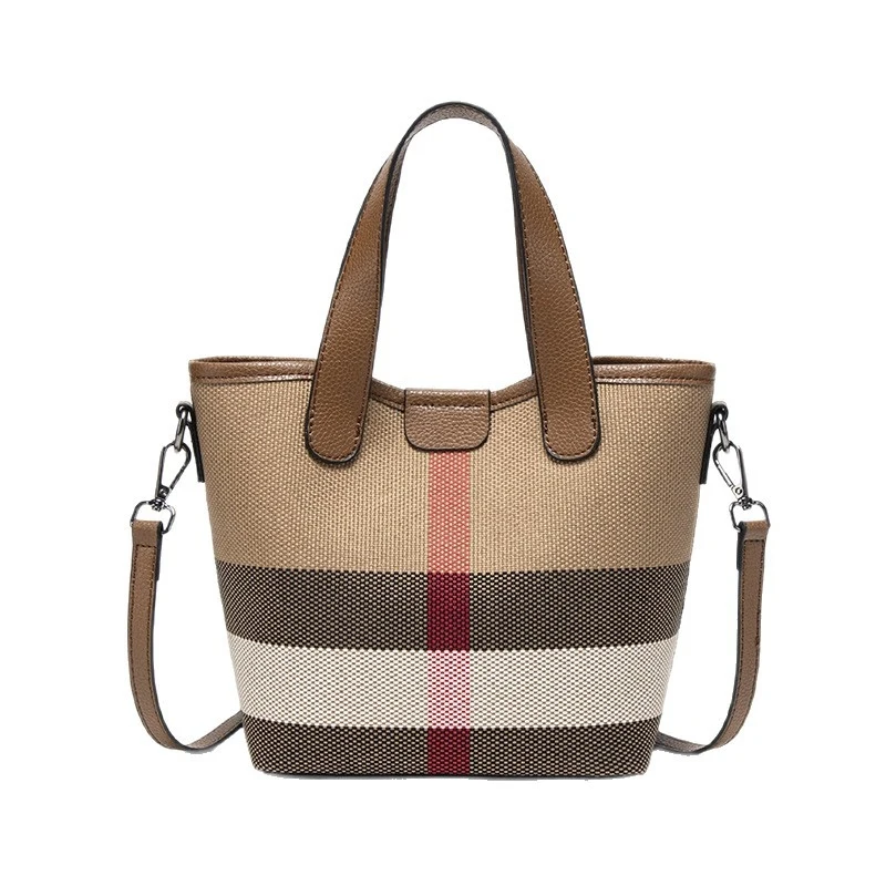 

Retro Plaid Canvas Leather Trim 2-in-1 Bucket Tote Bag Women Commuter Shoulder Purse