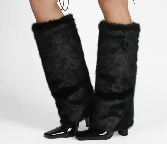 Drop Shipping Black Nude White Fur Knee High Pants Boots Woman Fashion Square Toe Heels Slip On Fold Long Boots Shoes Size 45