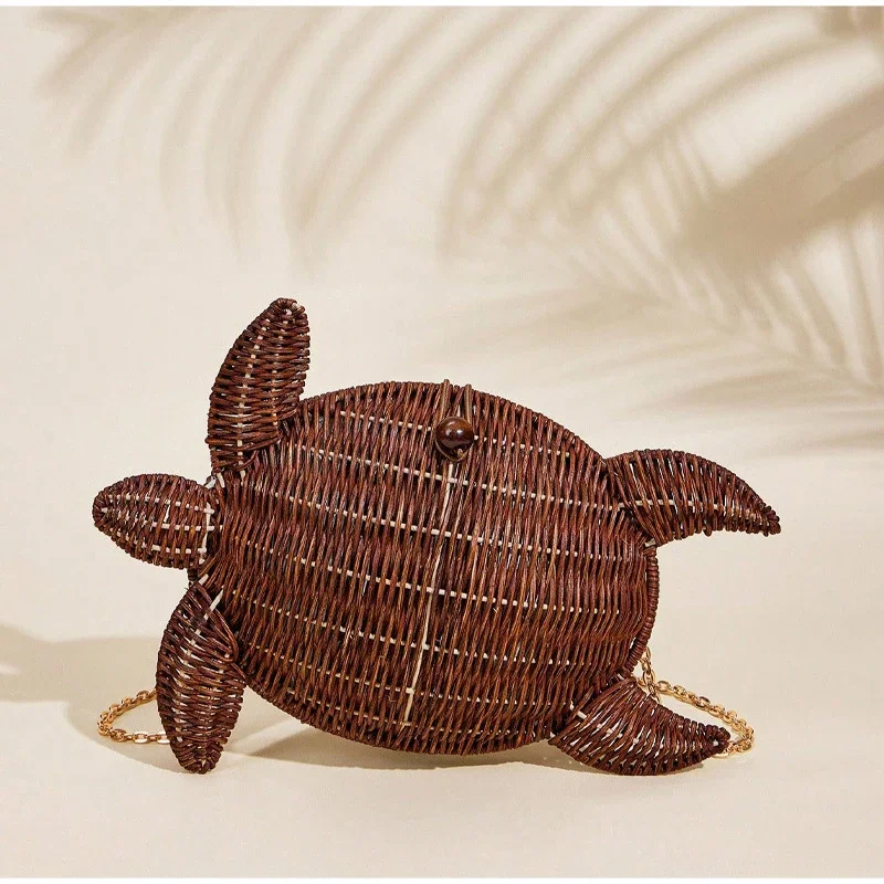 Schildkrötenförmige Rattan-Gewebte Umhängetasche mit Kettenriemen, Handgefertigte Stroh-Strandtasche, Damen Sommer-Abendtasche – Detail 14