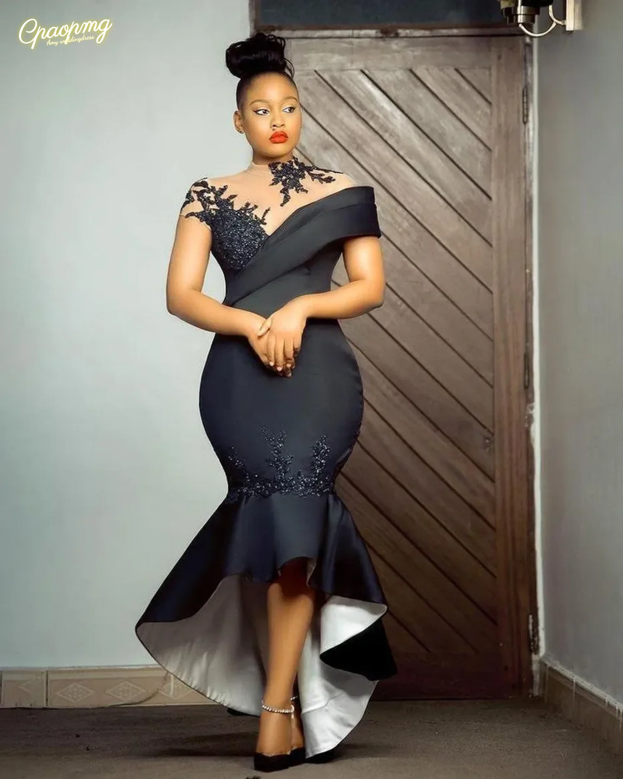 

Черное кружево с прозрачными рукавами по индивидуальному заказу, атласные вечерние платья русалки, аппликация из бисера, рюшами и оборками, вечернее платье для выпускного вечера