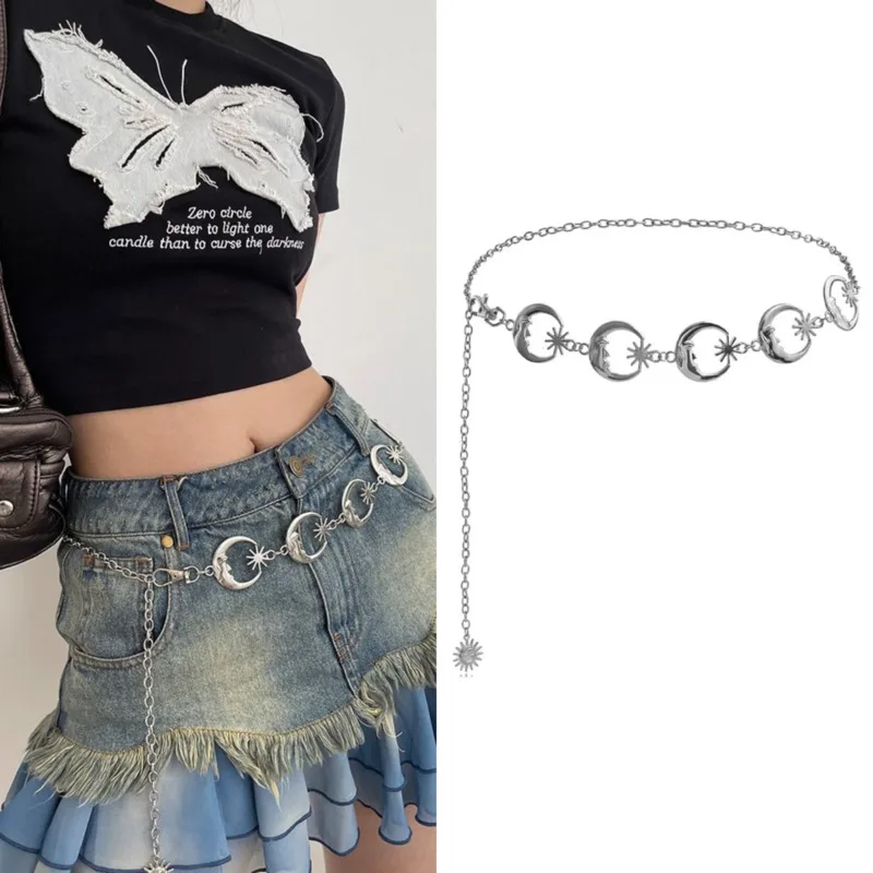 

Moon Star Metal Gothic Chain Girls Silver Gold Punk Dress Waistband High Waist Y2k Harajuku Belts Long Pendant Belts For Women