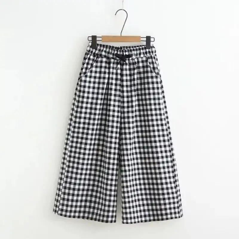 Women Clothes Casual Lacing Loose Waist Wide Leg Pants Summer Simplicity Plaid Loose Waist Trousers Femme All-match Pocket Pants